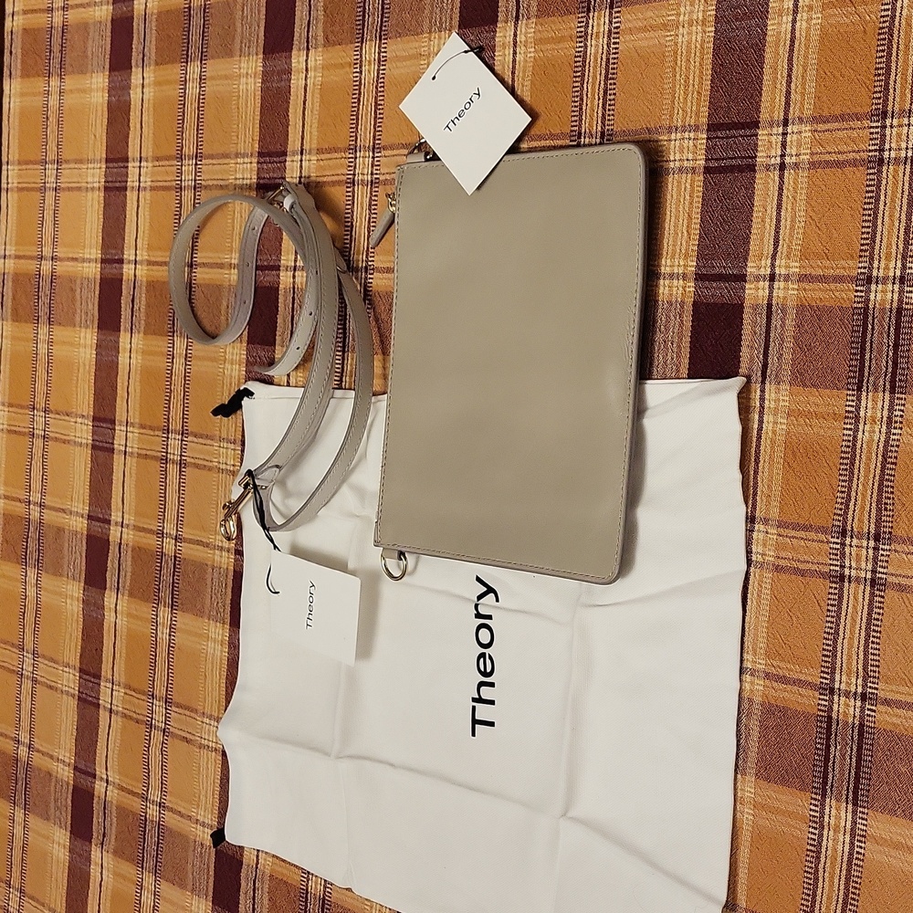 Theory Transformer pouch light grey and crossbody body strap off-white Nwt